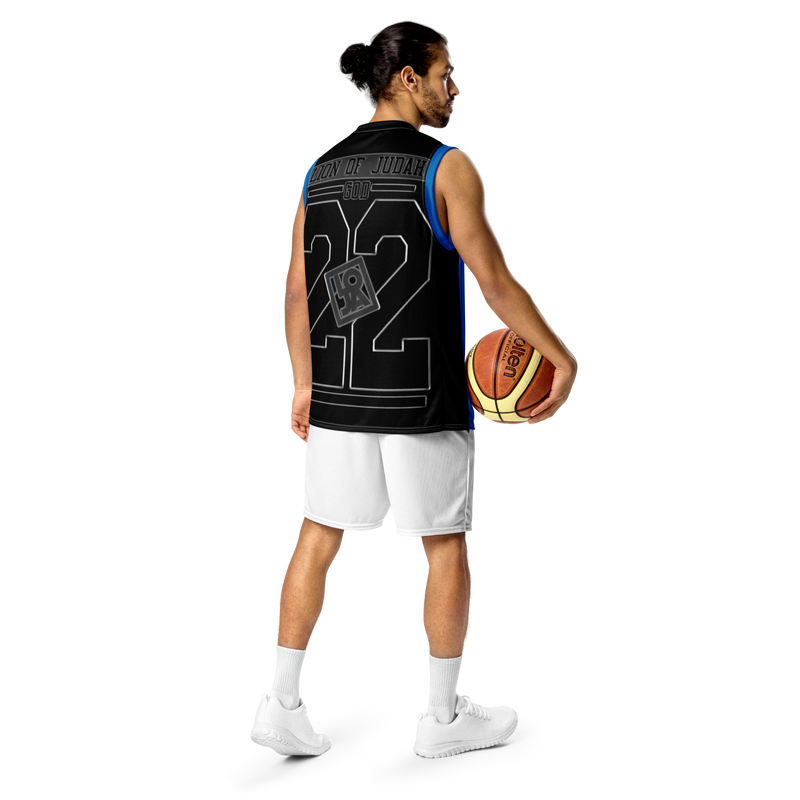 Lion Of Judah GOD Recycle Blue & Black unisex basketball jersey