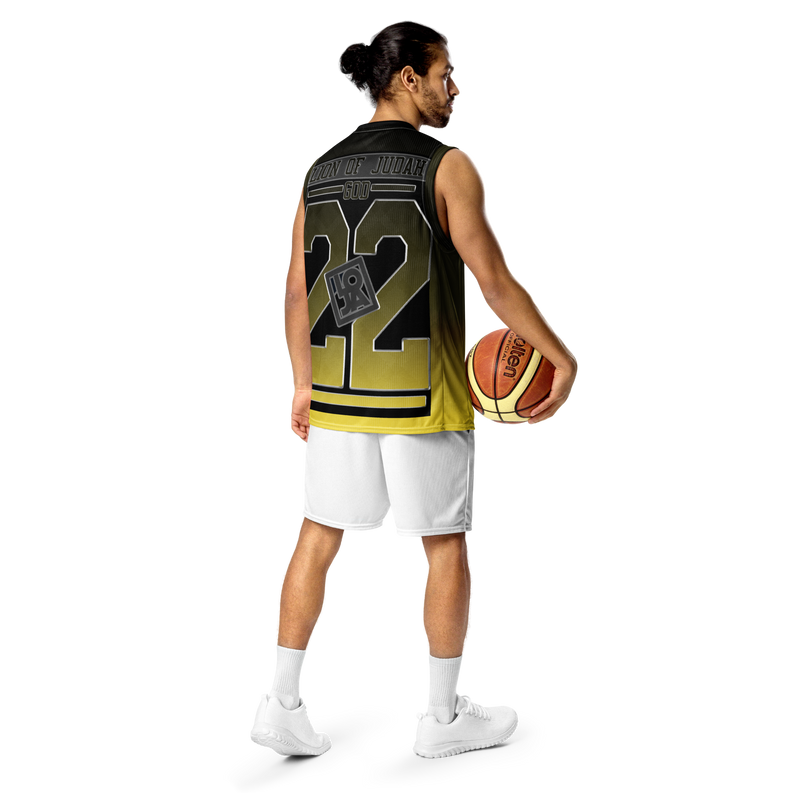 Lion Of Judah GOD Recycled Black to fade to Yellow unisex basketball jersey