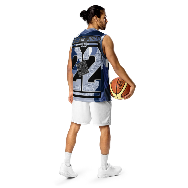 Lion Of Judah God Design Recycled unisex Blue White & Grey Camouflage Design basketball jersey