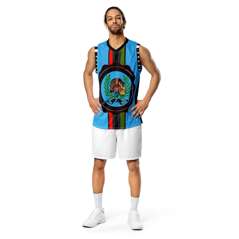 Lion Of Judah GOD Recycled Sky Blue & Black unisex basketball jersey