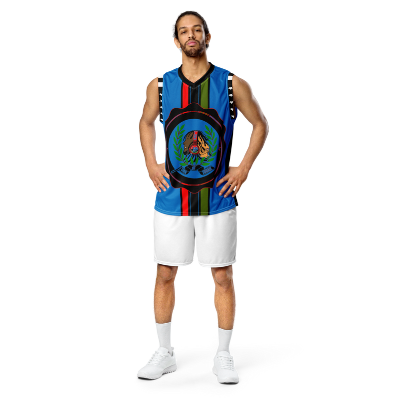 Lion Of Judah GOD Recycle Blue & Black unisex basketball jersey
