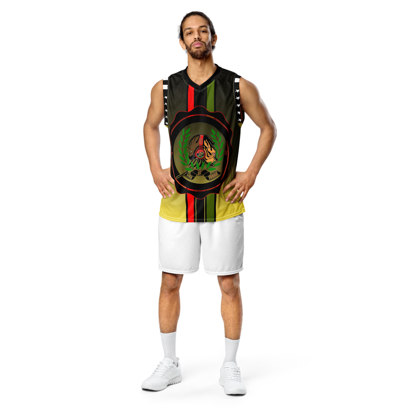 Lion Of Judah GOD Recycled Black to fade to Yellow unisex basketball jersey