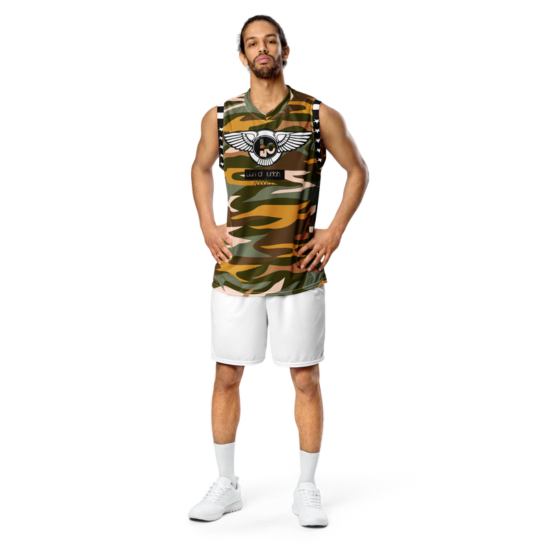 Lion Of Judah Wingz Design Recycled unisex Black & Orange Camouflage Design basketball jersey