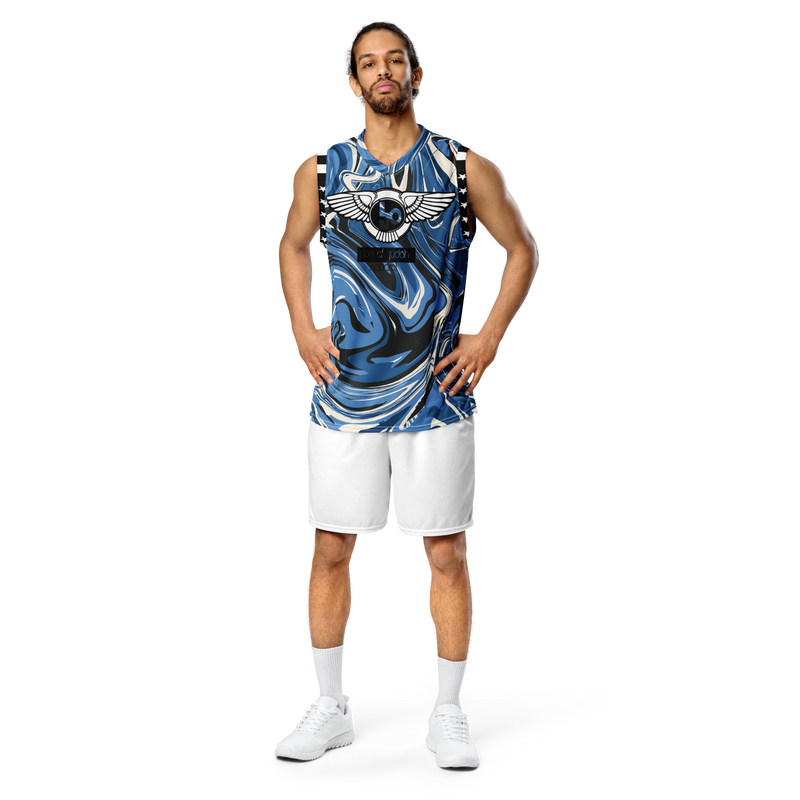 Lion Of Judah Wingz Design Recycled unisex Blue Swirl Design basketball jersey