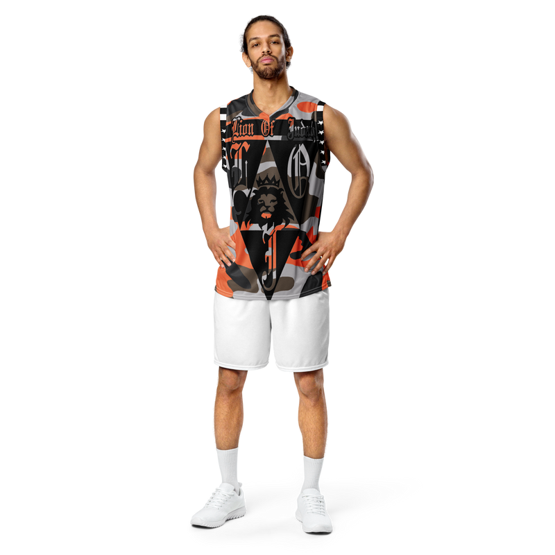 Lion Of Judah God Design Recycled unisex Orange Black & Brown Camouflage Design basketball jersey