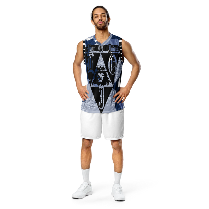 Lion Of Judah God Design Recycled unisex Blue White & Grey Camouflage Design basketball jersey