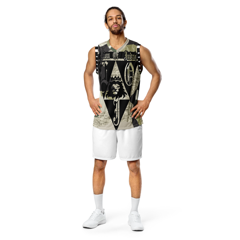 Lion Of Judah God Design Recycled unisex Dark Green Dark Grey & Tan Camouflage Design basketball jersey