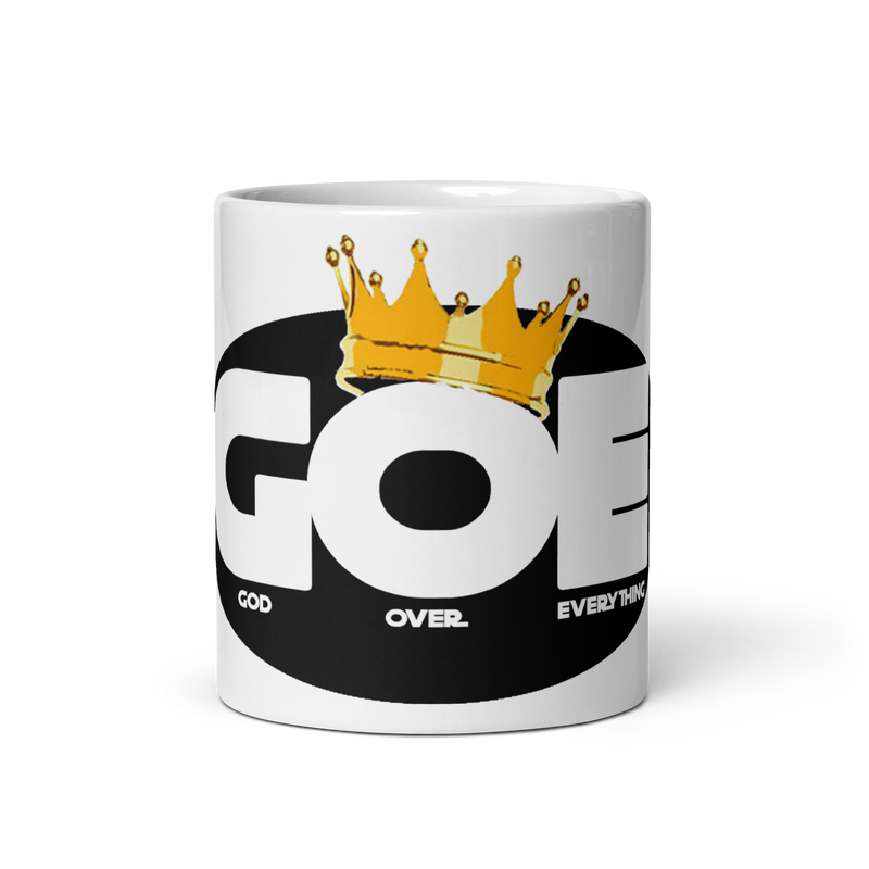 God Over Everything White glossy mug
