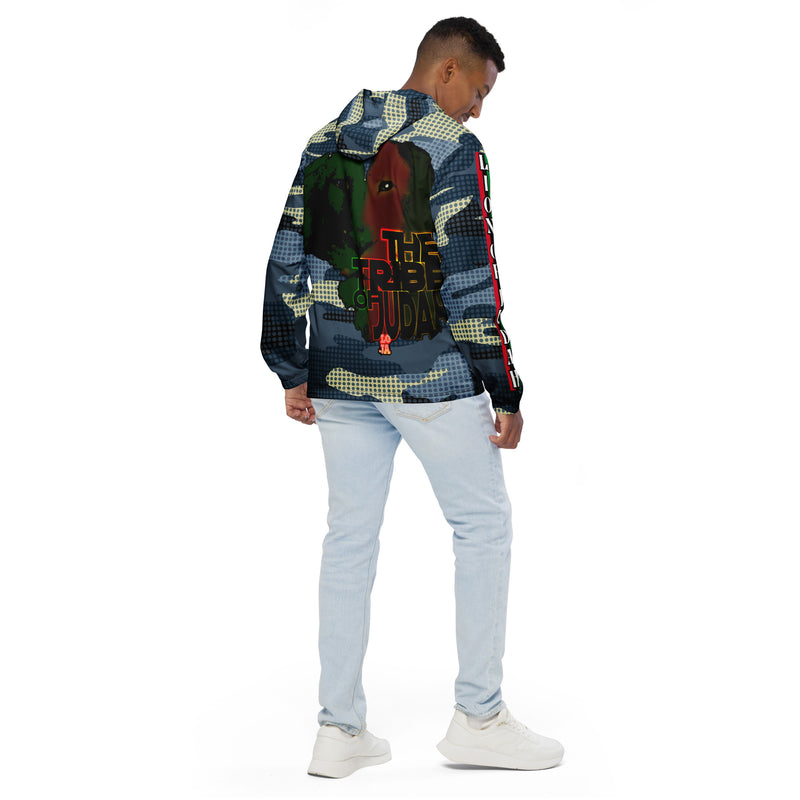 Tribe Of Judah Lion light Blue & Dark Blue & White Camo with Dots Graphic Design V.3 Men’s windbreaker