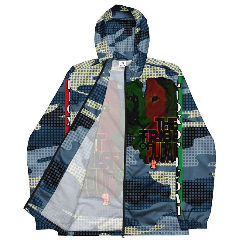 Tribe Of Judah Lion light Blue & Dark Blue & White Camo with Dots Graphic Design V.3 Men’s windbreaker