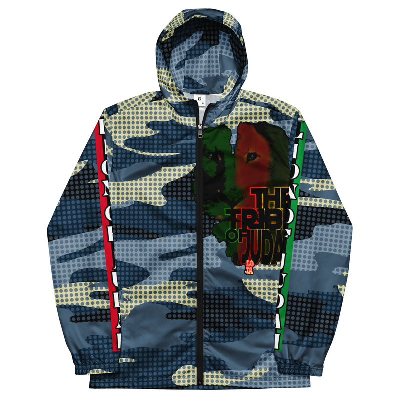 Tribe Of Judah Lion light Blue & Dark Blue & White Camo with Dots Graphic Design V.3 Men’s windbreaker