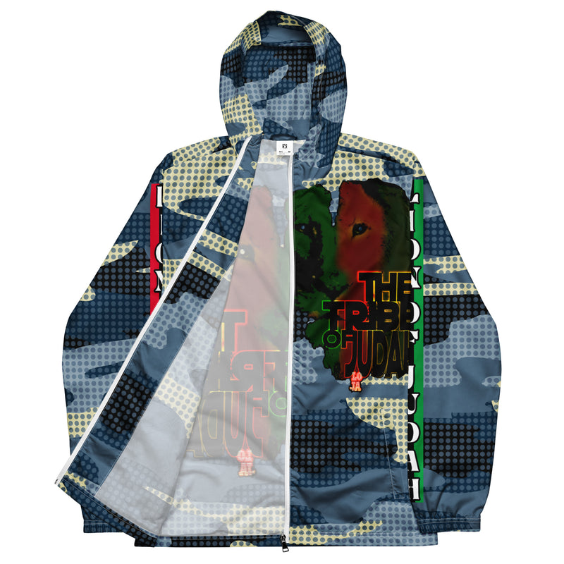 Tribe Of Judah Lion light Blue & Dark Blue & White Camo with Dots Graphic Design V.3 Men’s windbreaker