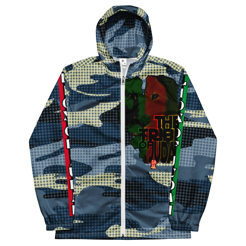 Tribe Of Judah Lion light Blue & Dark Blue & White Camo with Dots Graphic Design V.3 Men’s windbreaker