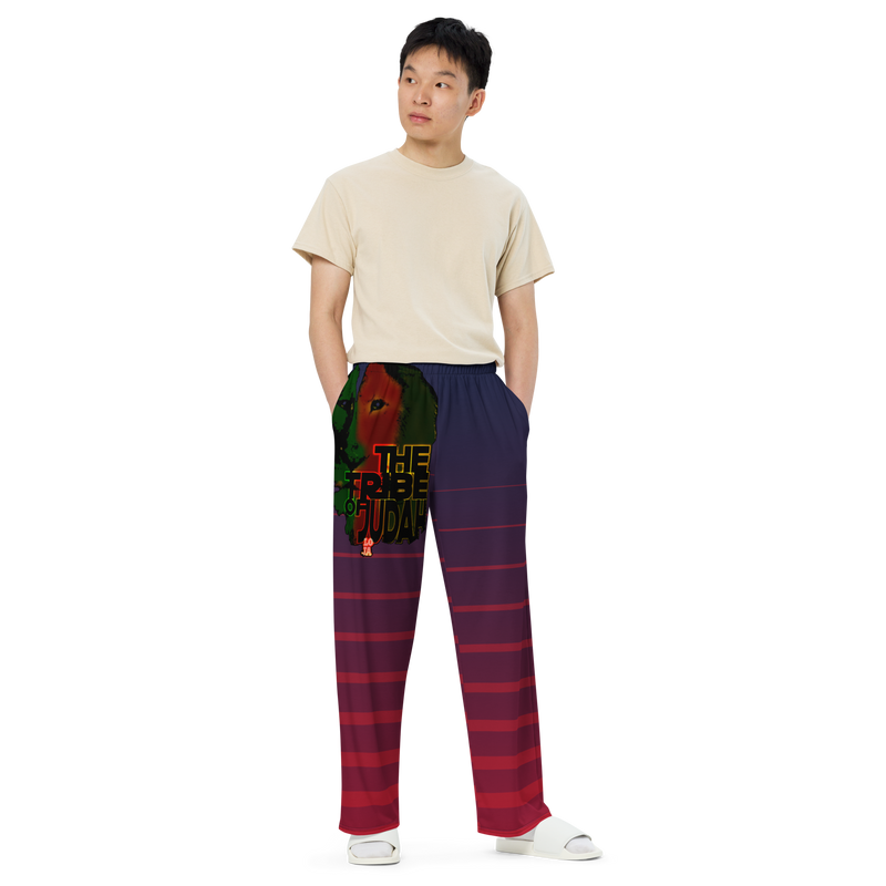 Tribe Of Judah Lion Blue Fade into Red Stripe Graphic Design Unisex Wide-Leg Pants