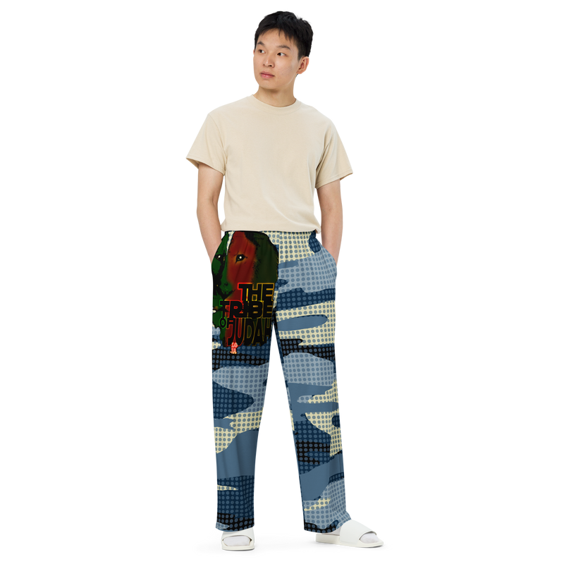 Tribe Of Judah Lion light Blue & Dark Blue & White Camo with Dots Graphic Design V.3 Unisex Wide-Leg Pants