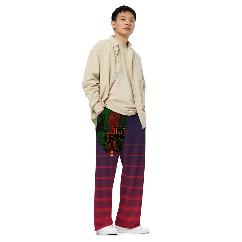Tribe Of Judah Lion Blue Fade into Red Stripe Graphic Design Unisex Wide-Leg Pants