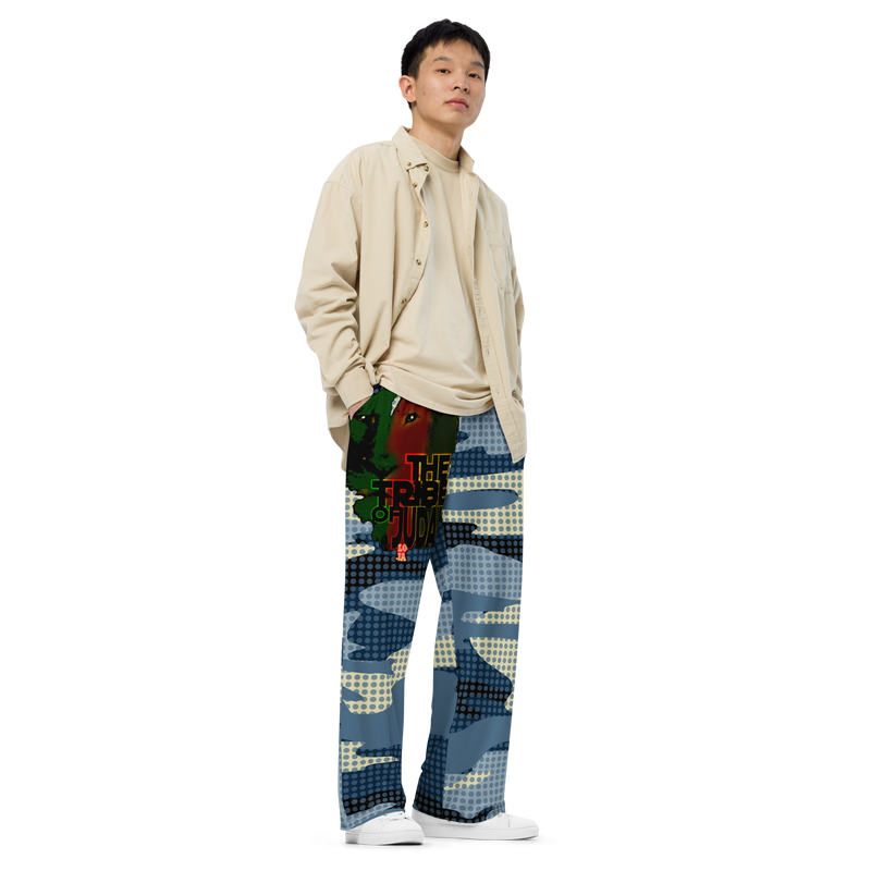 Tribe Of Judah Lion light Blue & Dark Blue & White Camo with Dots Graphic Design V.3 Unisex Wide-Leg Pants