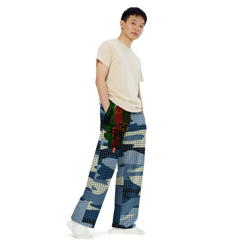 Tribe Of Judah Lion light Blue & Dark Blue & White Camo with Dots Graphic Design V.3 Unisex Wide-Leg Pants