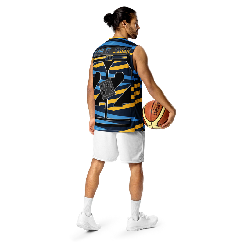 Lion Of Judah God Design Recycled unisex Blue and yellow stripes Design basketball jersey