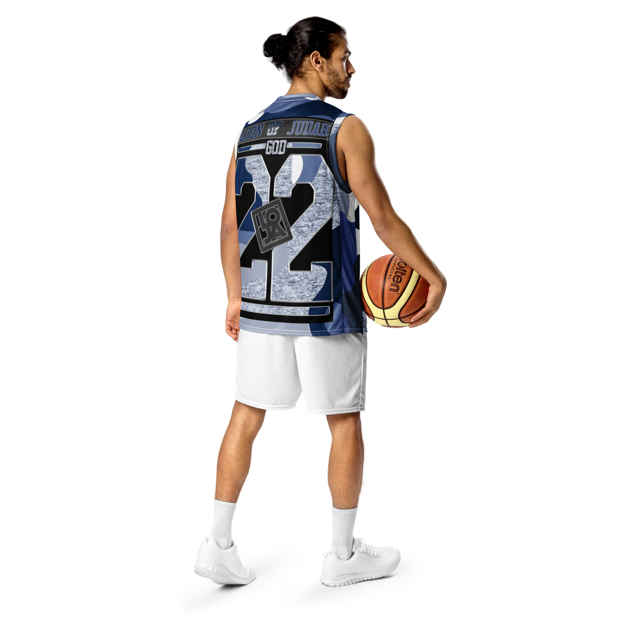 Lion Of Judah God Design Recycled unisex Blue White & Grey Camouflage Design basketball jersey
