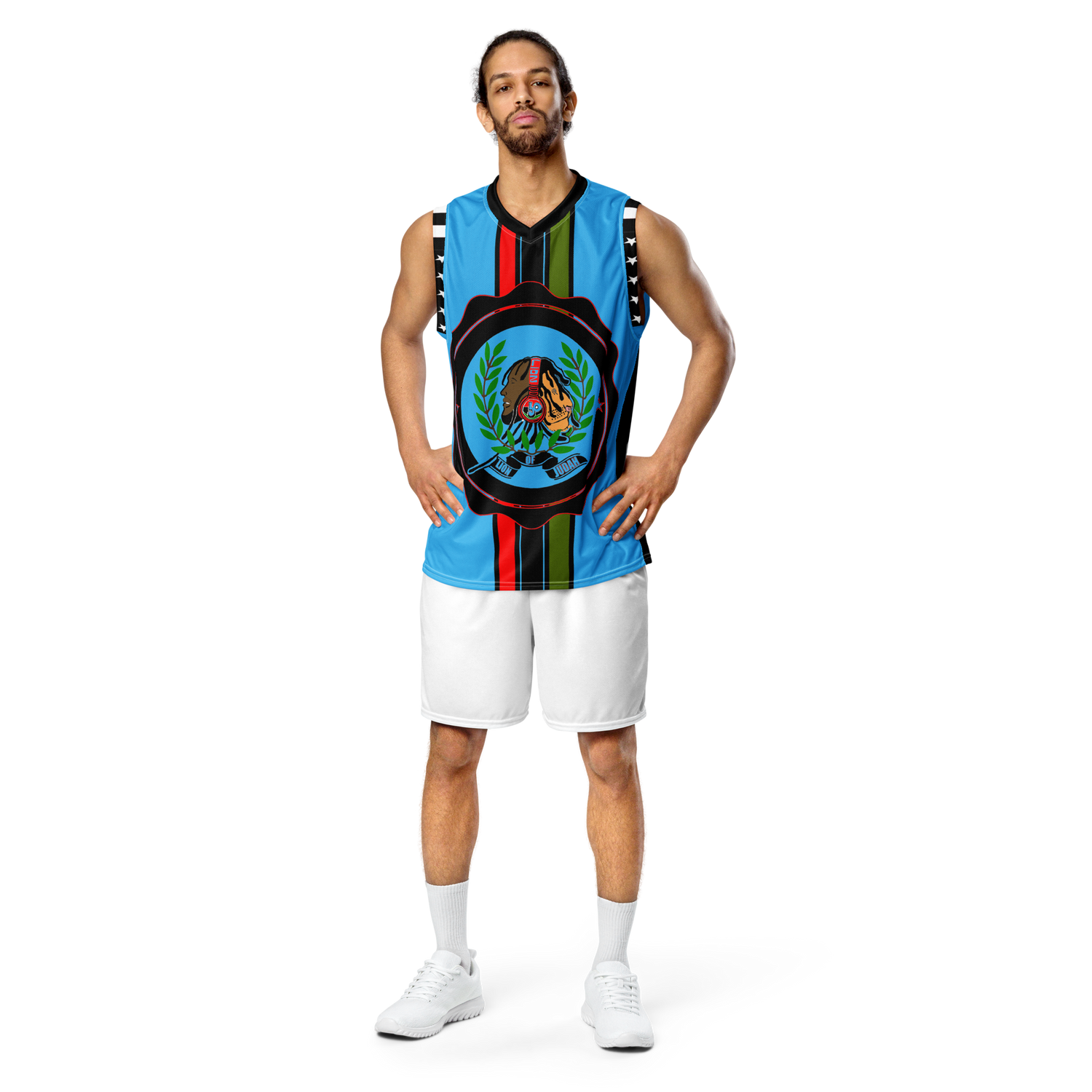 Lion Of Judah GOD Recycled Sky Blue & Black unisex basketball jersey