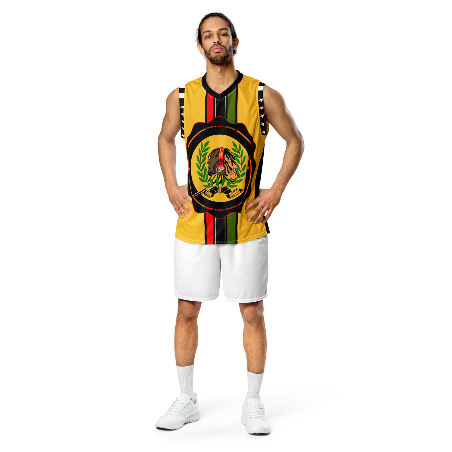 Lion Of Judah GOD Recycled Yellow & Black unisex basketball jersey