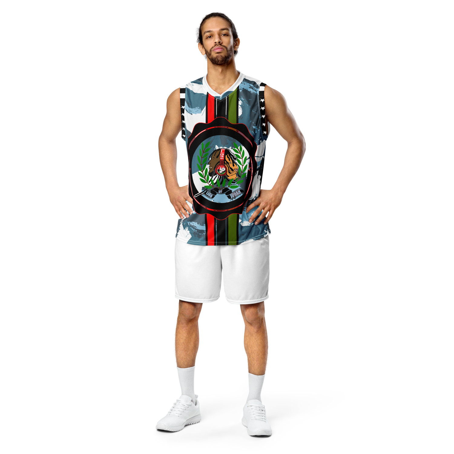 Lion Of Judah GOD Color Blue & White Pattern Recycled unisex basketball jersey