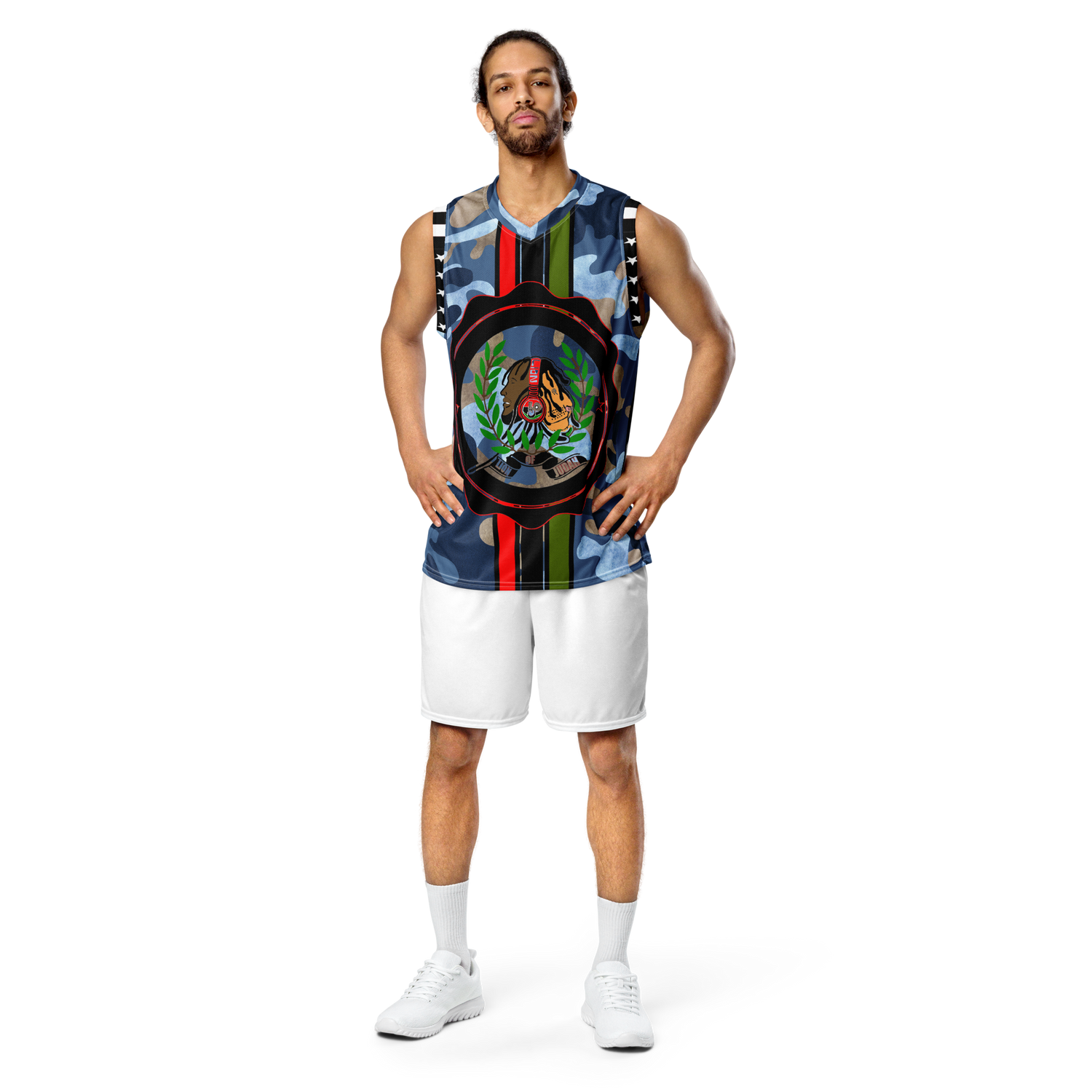 Lion Of Judah GOD Blue, Brown & Light Blue Camo Design Recycled unisex basketball jersey