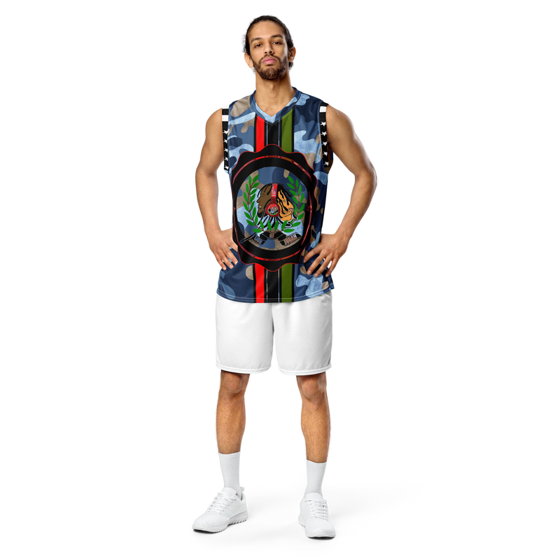 Lion Of Judah GOD Blue, Brown & Light Blue Camo Design Recycled unisex basketball jersey
