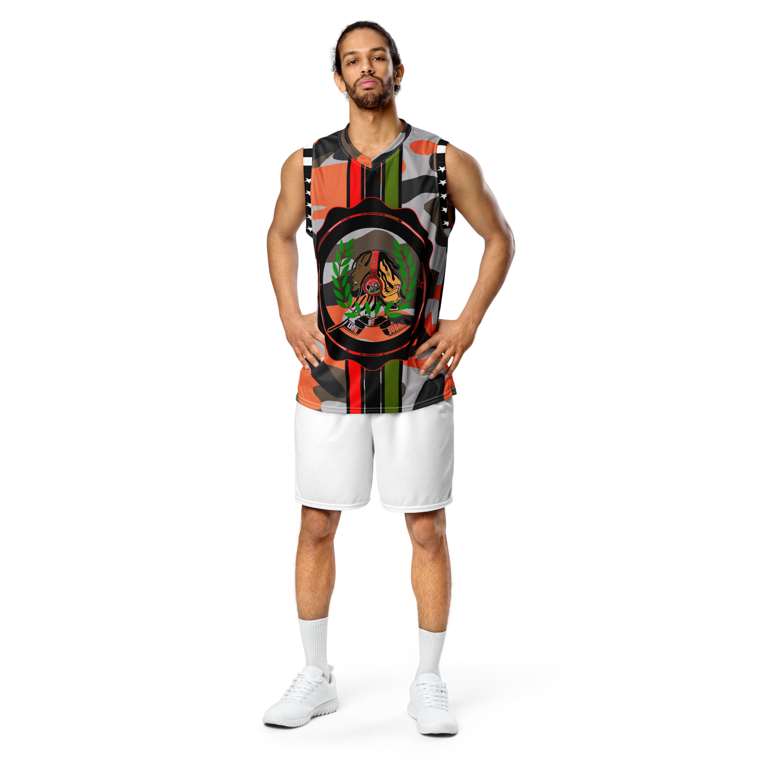 Lion Of Judah GOD Orange, grey, brown & Black Camo Design Recycled unisex basketball jersey