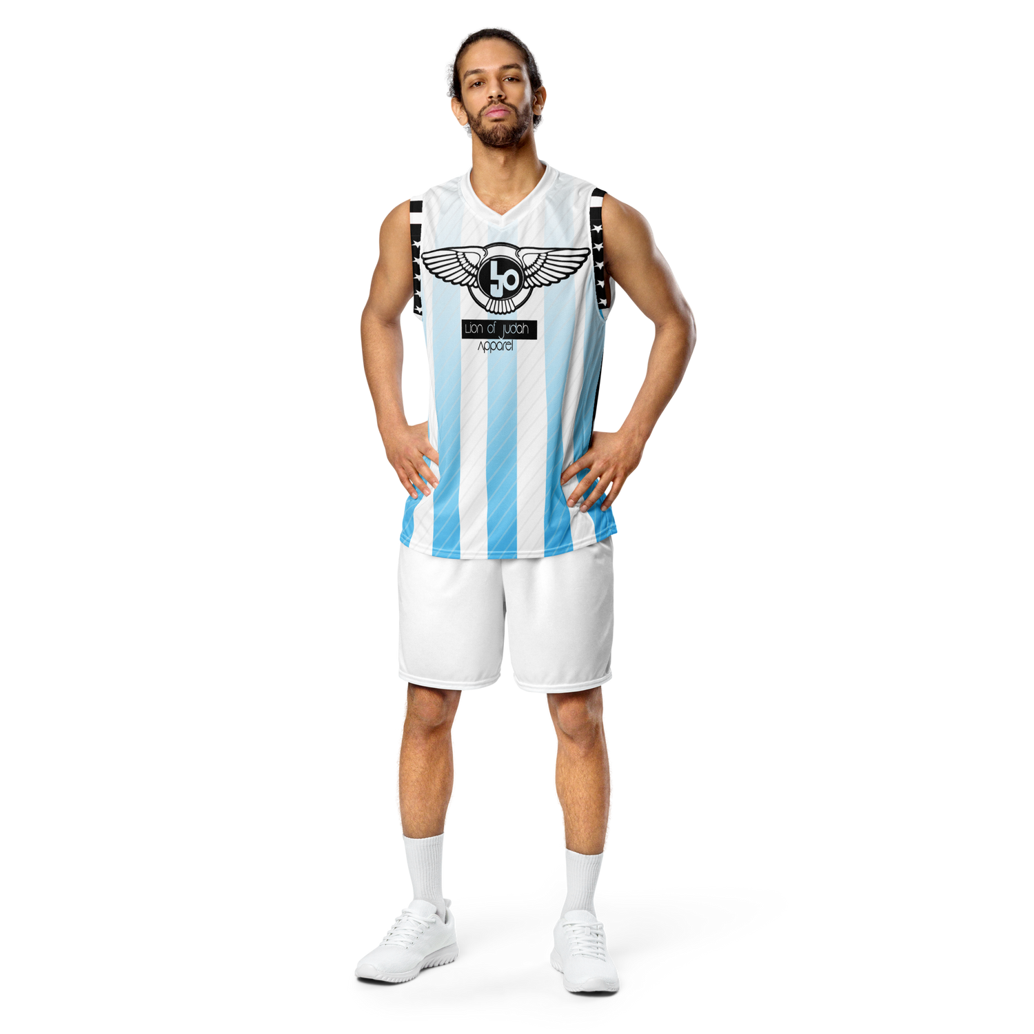 Lion Of Judah Wingz Design Recycled unisex Blue Stripes fadeaway basketball jersey