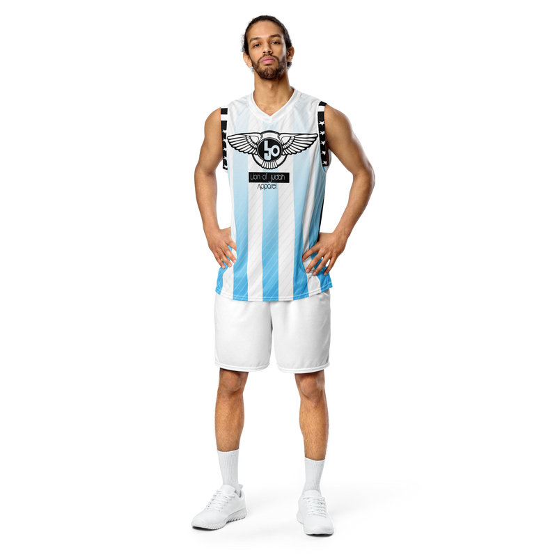 Lion Of Judah Wingz Design Recycled unisex Blue Stripes fadeaway basketball jersey