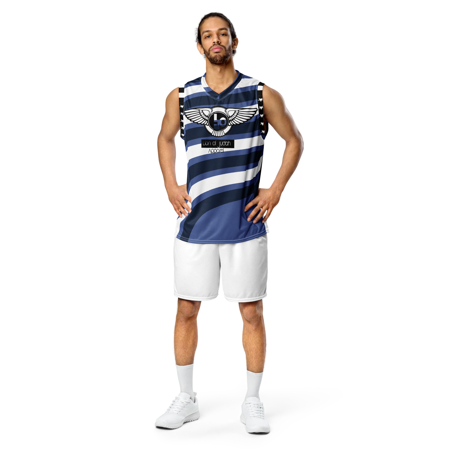 Lion Of Judah Wingz Design Recycled unisex Blue and white waves Design basketball jersey