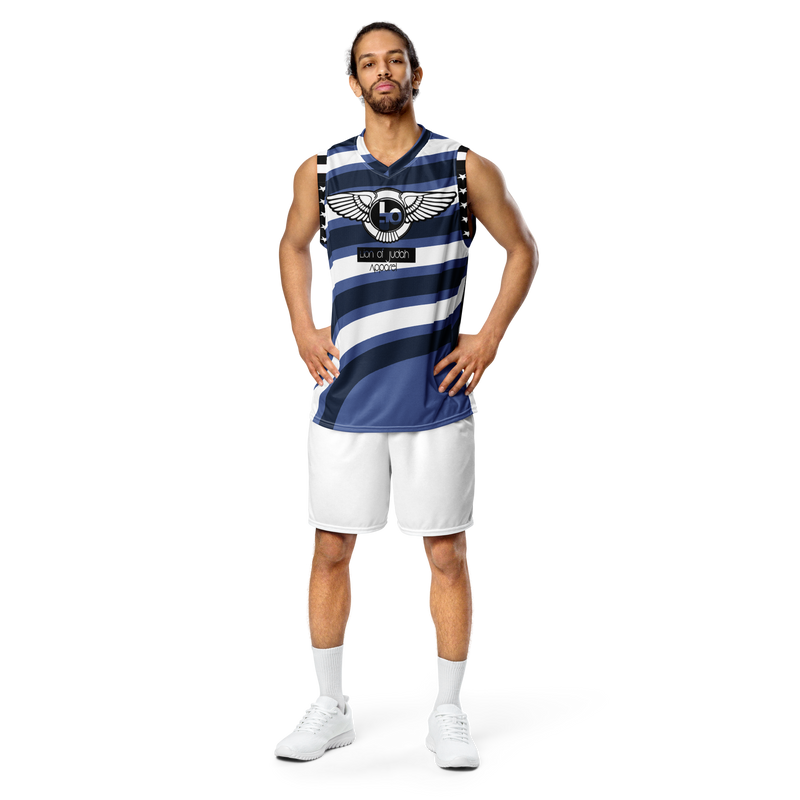 Lion Of Judah Wingz Design Recycled unisex Blue and white waves Design basketball jersey