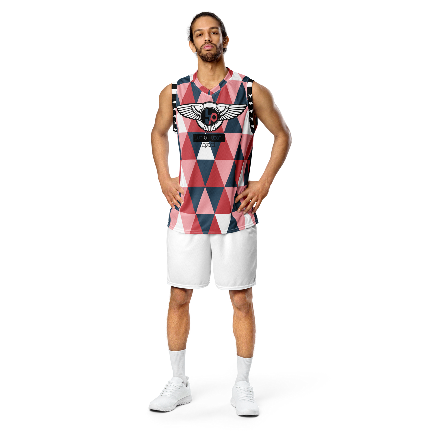 Lion Of Judah Wingz Design Recycled unisex Red & Blue Triangle Plaid Design basketball jersey