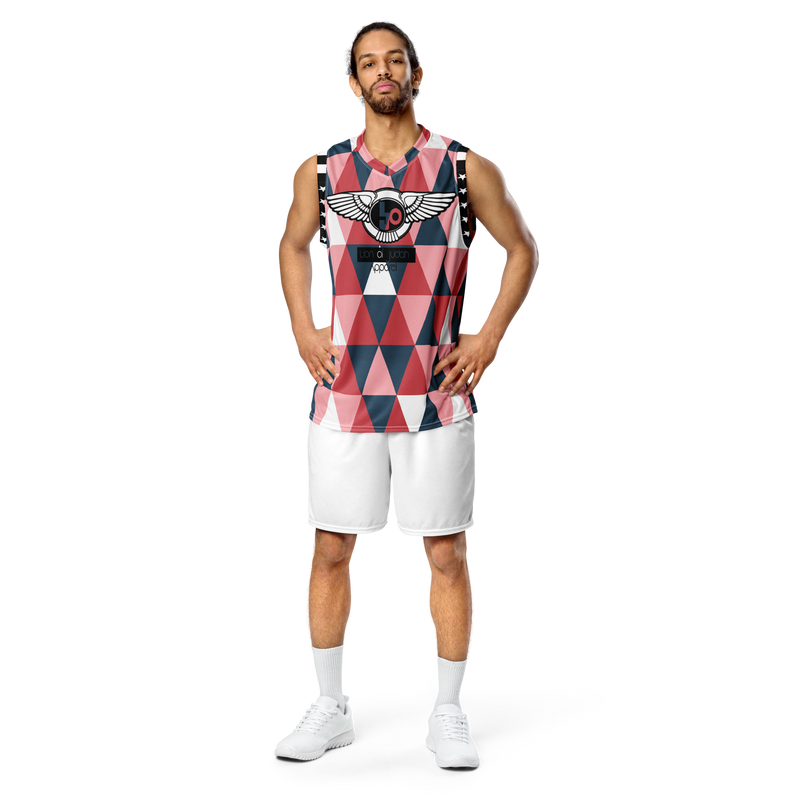 Lion Of Judah Wingz Design Recycled unisex Red & Blue Triangle Plaid Design basketball jersey