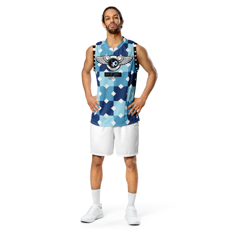 Lion Of Judah Wingz Design Recycled unisex Blue Geometric Design basketball jersey