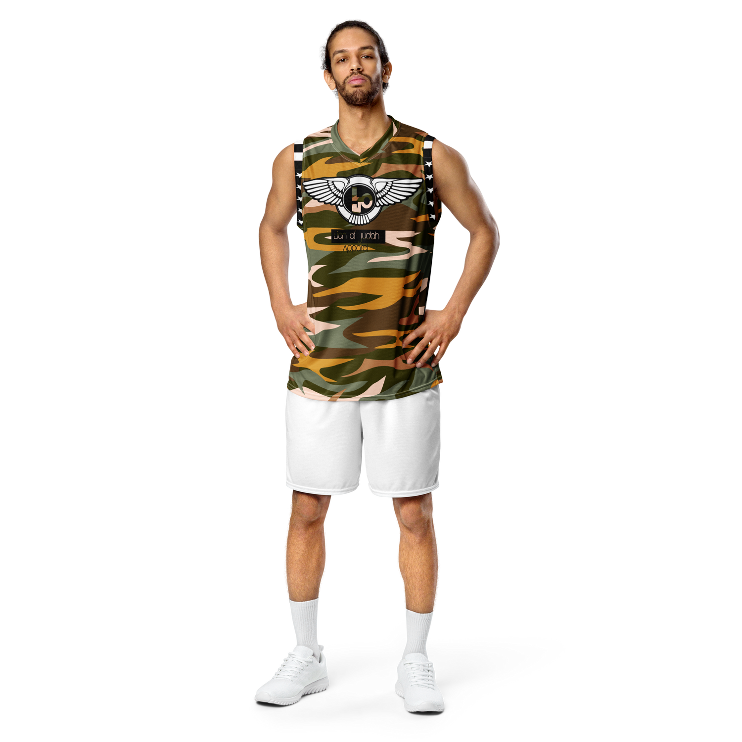 Lion Of Judah Wingz Design Recycled unisex Black & Orange Camouflage Design basketball jersey