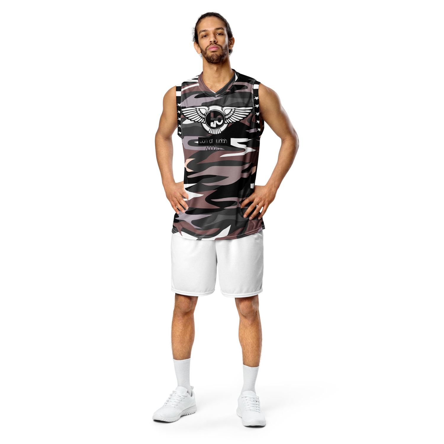 Lion Of Judah Wingz Design Recycled unisex Black & Brown Camouflage Design basketball jersey
