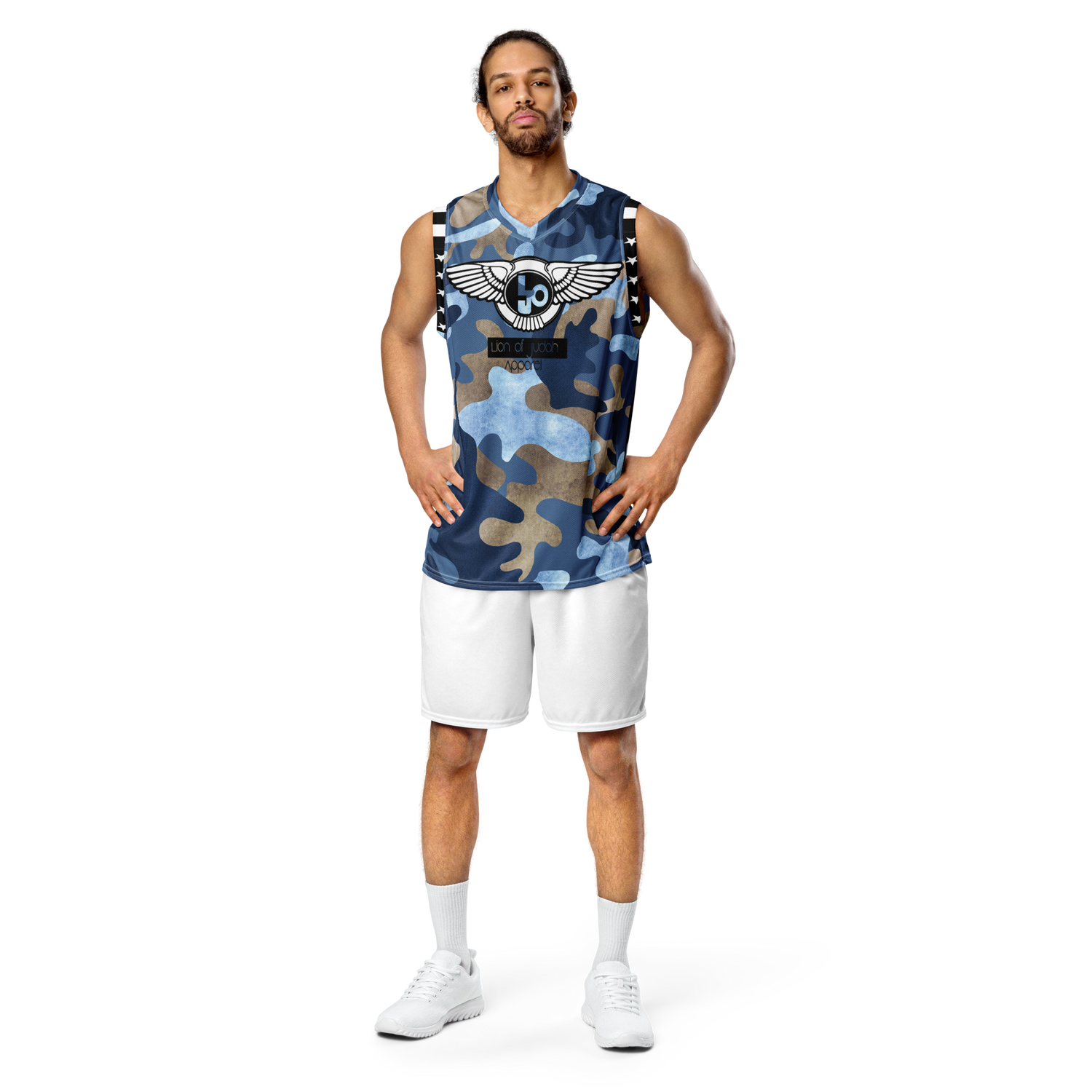Lion Of Judah Wingz Design Recycled unisex Blue Camouflage Design basketball jersey