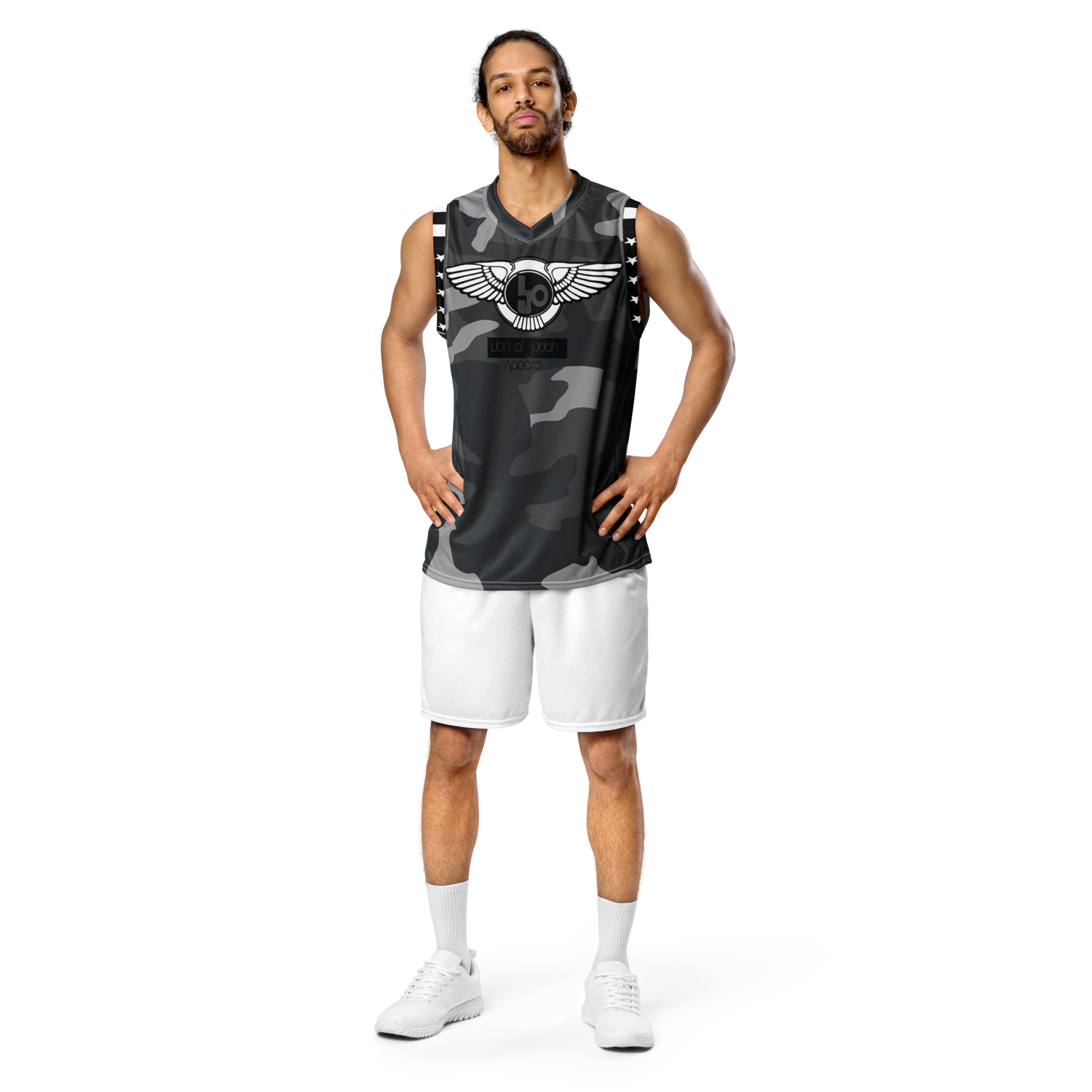 Lion Of Judah Wingz Design Recycled unisex Black & Grey Camo Design basketball jersey