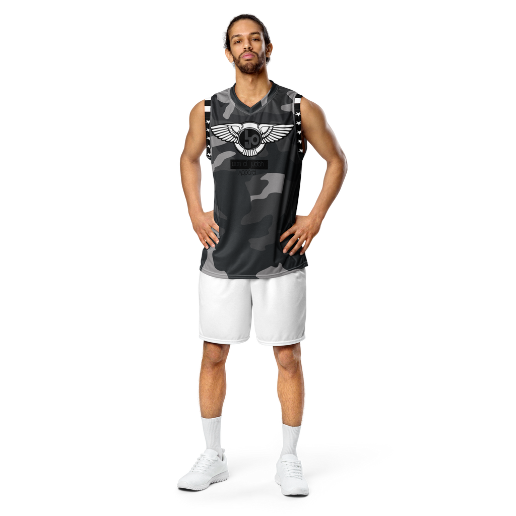 Lion Of Judah Wingz Design Recycled unisex Black & Grey Camo Design basketball jersey