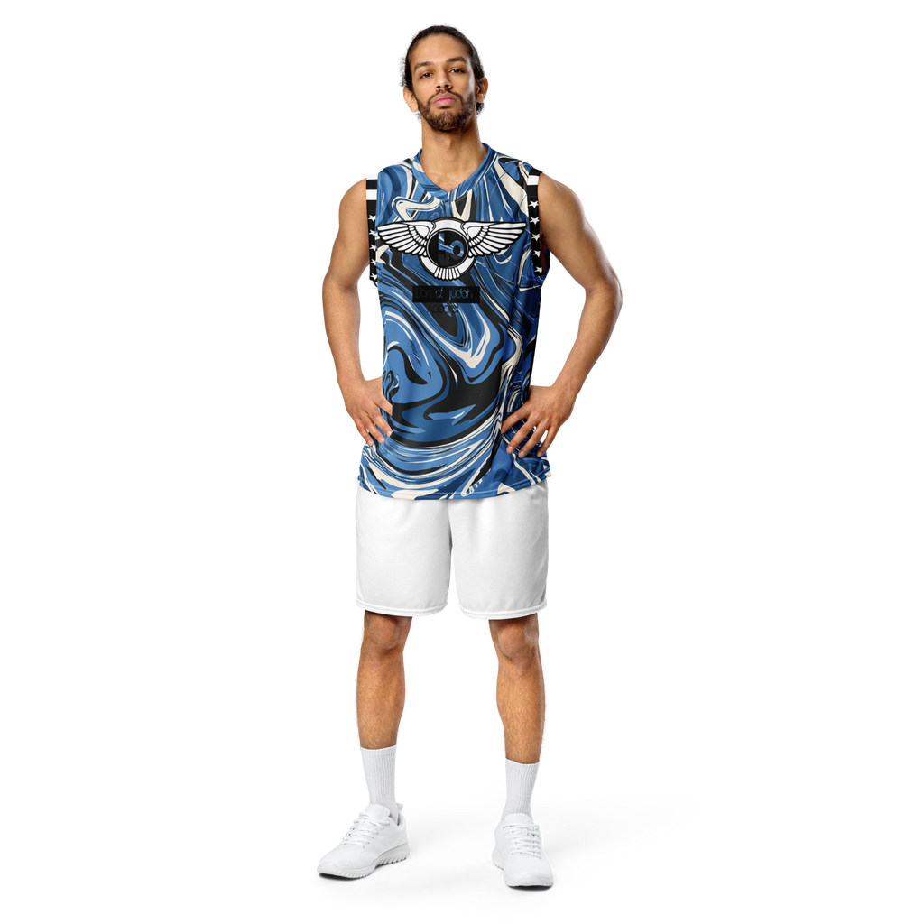 Lion Of Judah Wingz Design Recycled unisex Blue Swirl Design basketball jersey