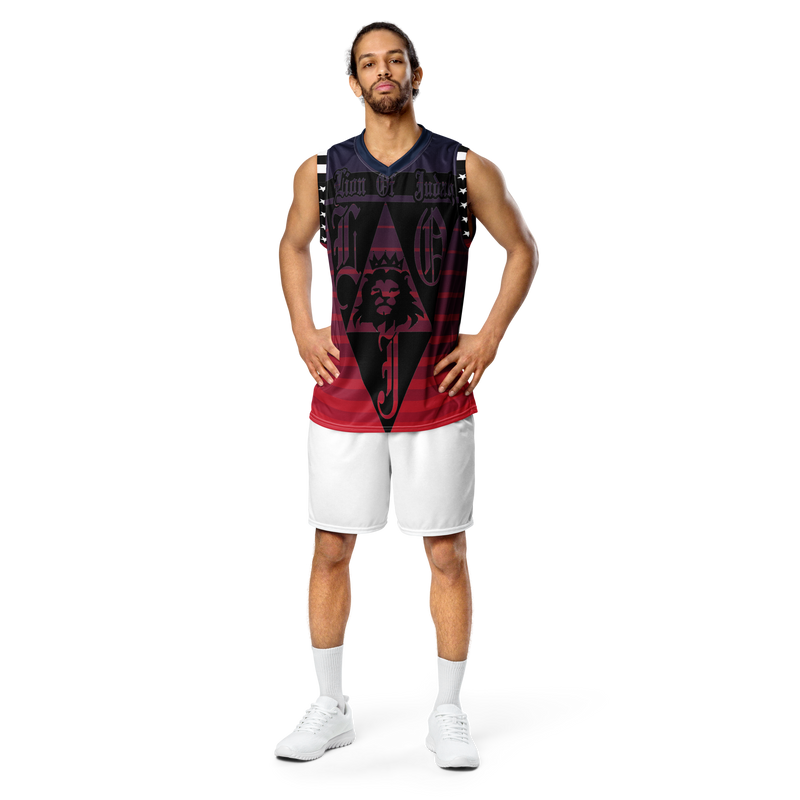 Lion Of Judah God Design Recycled unisex Blue & Red Stripes fade basketball jersey