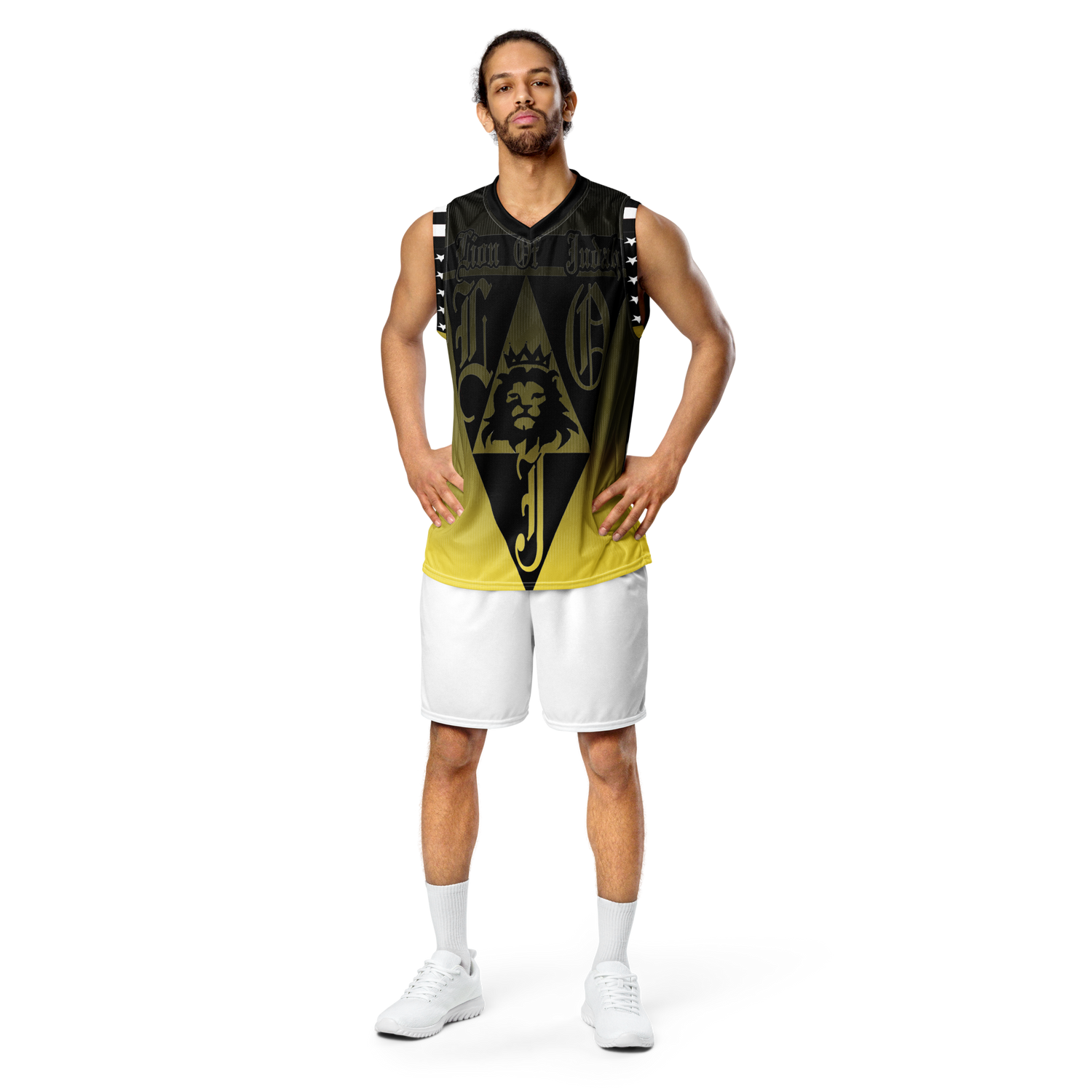 Lion Of Judah God Design Recycled unisex Black & Yellow fade basketball jersey