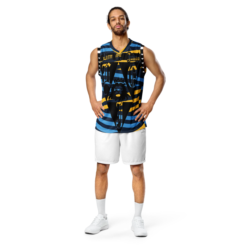 Lion Of Judah God Design Recycled unisex Blue and yellow stripes Design basketball jersey
