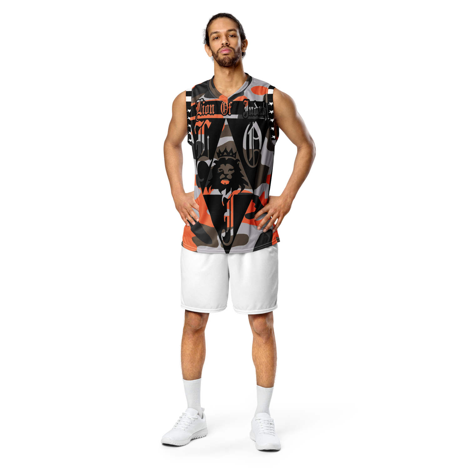 Lion Of Judah God Design Recycled unisex Orange Black & Brown Camouflage Design basketball jersey
