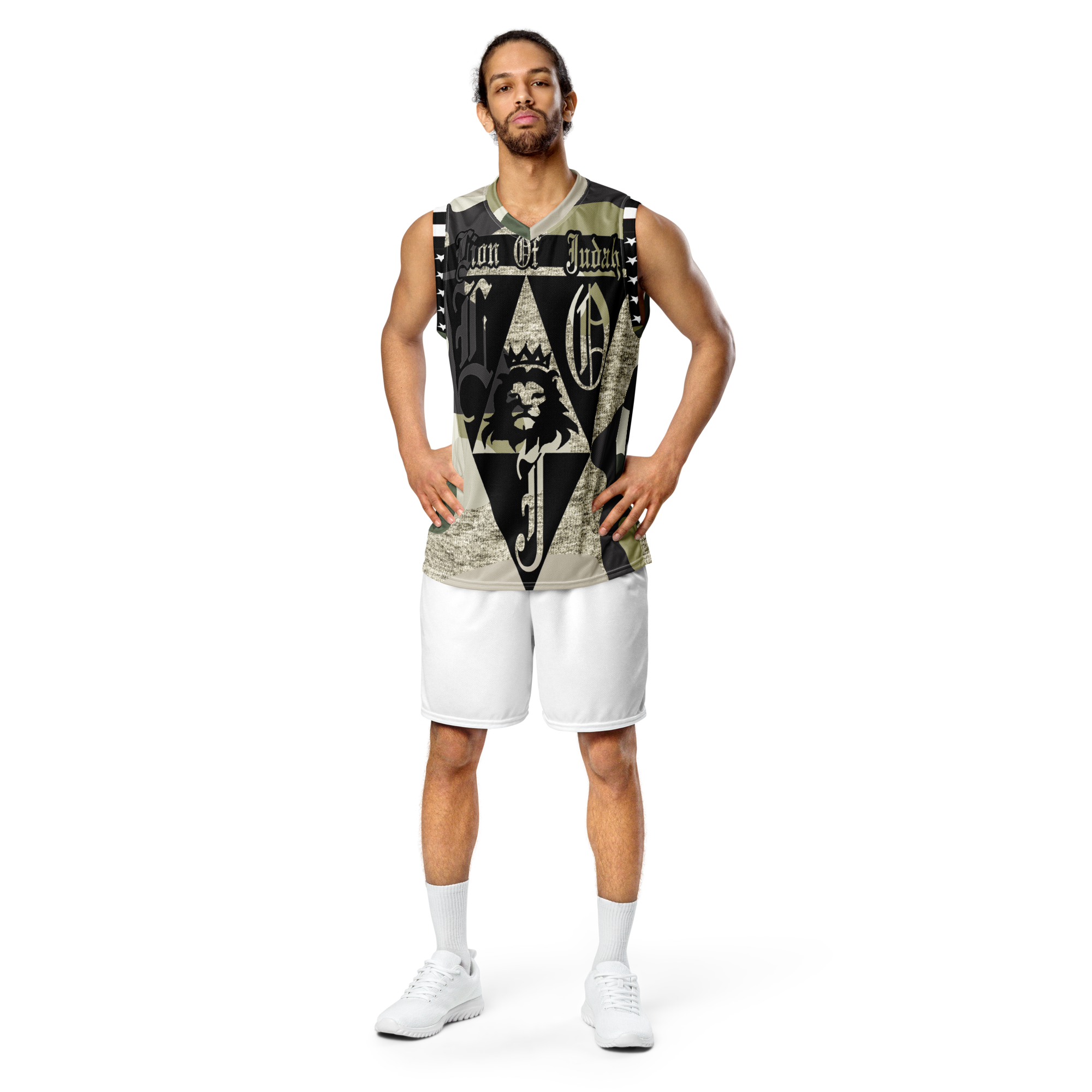 Lion Of Judah God Design Recycled unisex Dark Green Dark Grey & Tan Camouflage Design basketball jersey