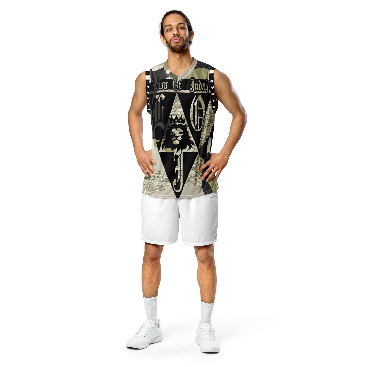 Lion Of Judah God Design Recycled unisex Dark Green Dark Grey & Tan Camouflage Design basketball jersey