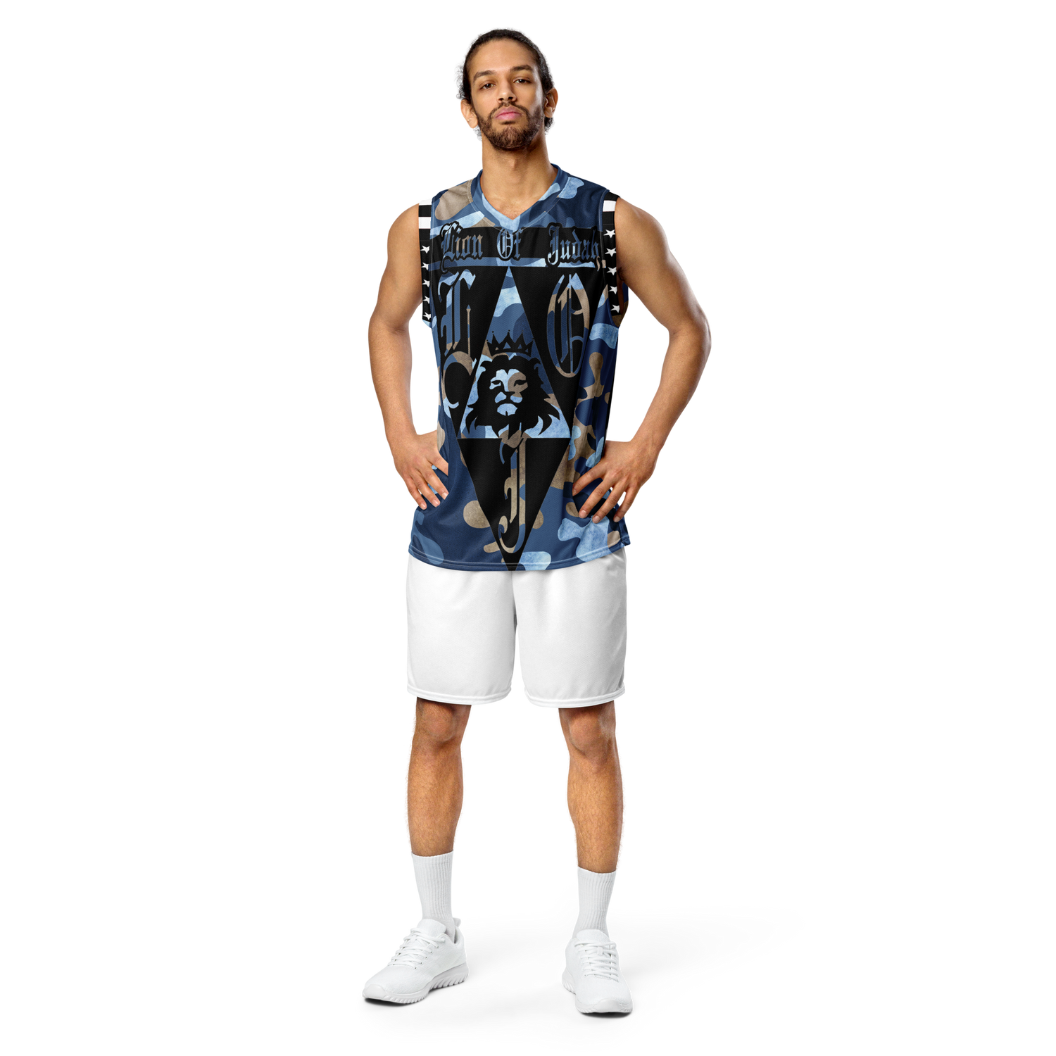 Lion Of Judah God Design Recycled unisex Dark Blue & Light Blue Camouflage Design basketball jersey